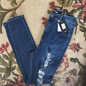 Fashion Nova Dark Blue Distressed Skinny Jeans